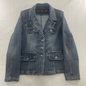Vintage Contrast Denim Jacket XL • Y2K Button-Up Jean Blazer Classic Medium Wash